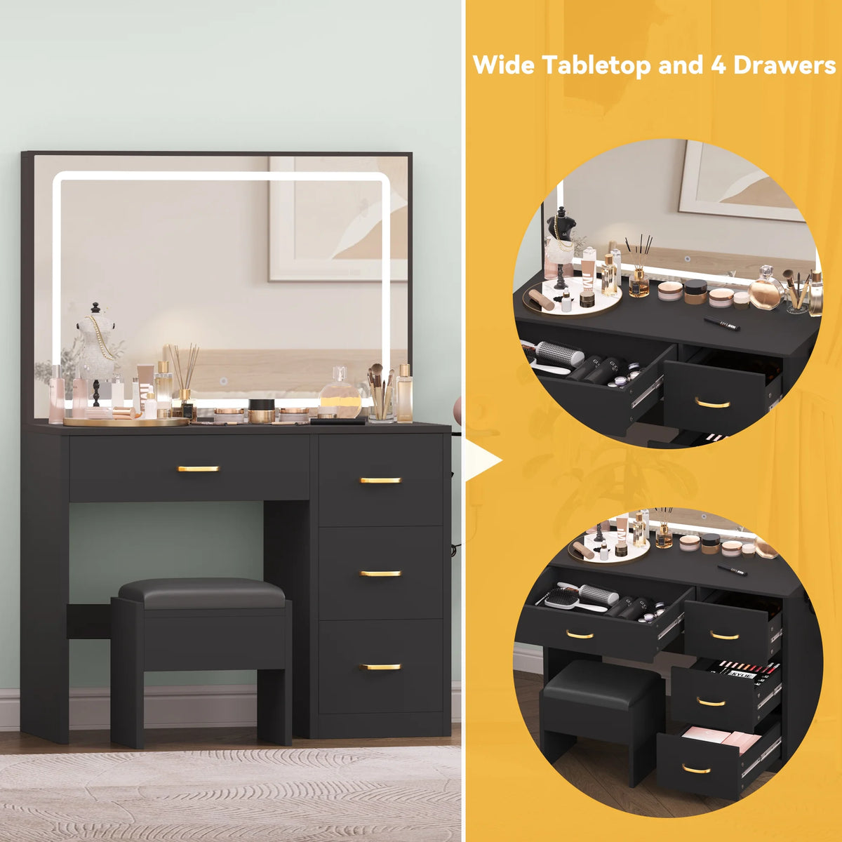 Charcoal Black Makeup Vanity Table with Mirror and LED Lights N536994