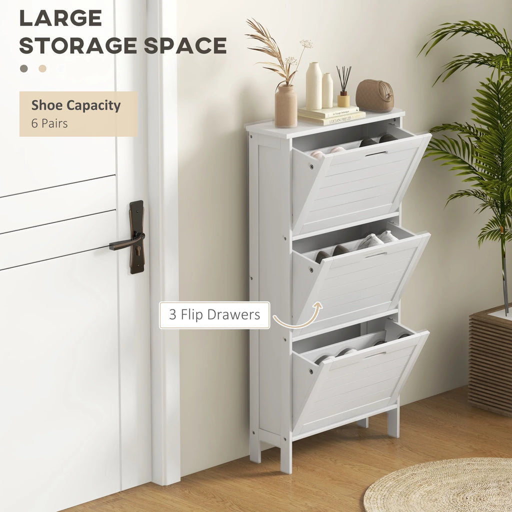 Narrow White Shoe Storage Cabinet with 3 Flip Drawers Z856