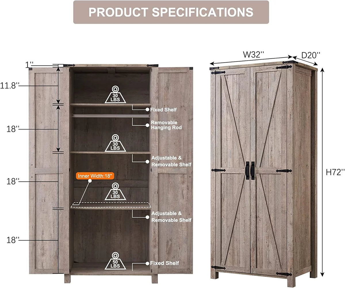 Light Rustic Oak Storage Pantry Cabinet with 2 Doors and Adjustable Shelves O2359