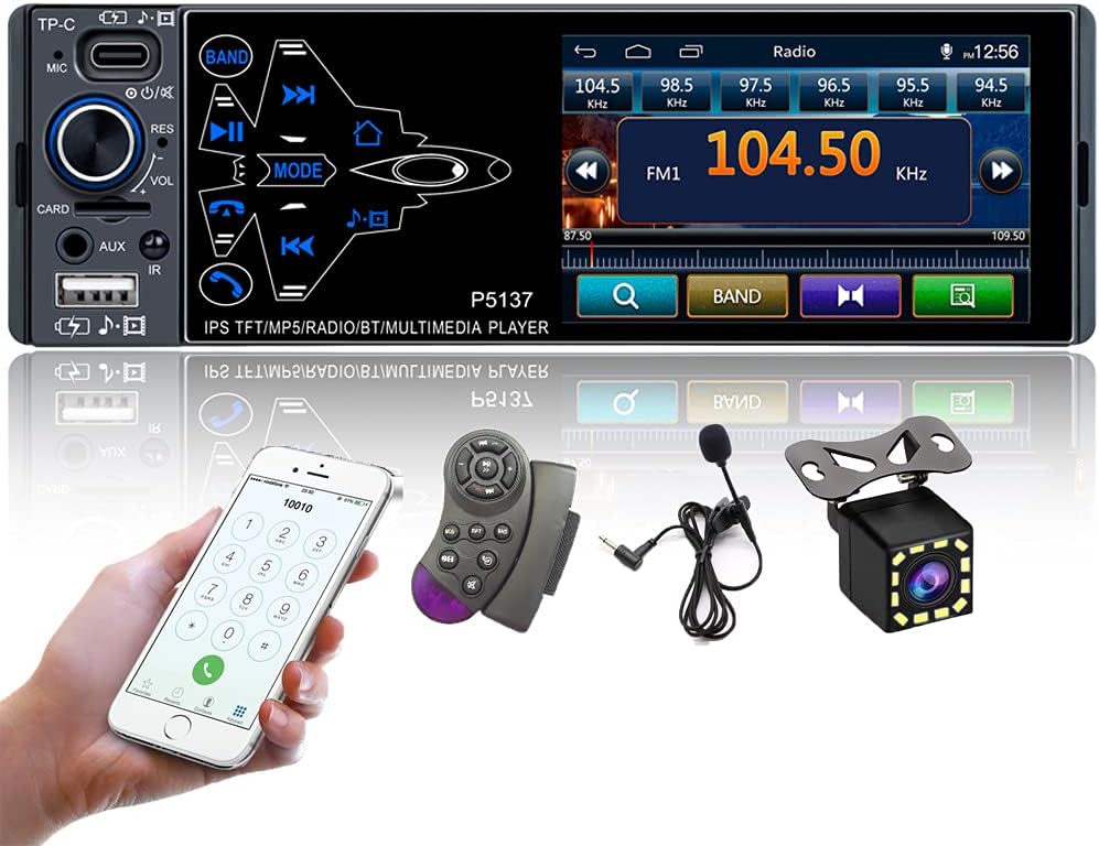 Single Din Car Stereo with Bluetooth, FM Radio Receiver, Dual USB, AUX-in, TF Card Port, Microphone, Mirror Link, Backup Camera, Steering Wheel Control A854