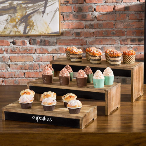 3-Tier Burnt Dark Brown Wood Cake Display Stands with Chalkboard Panels Z73234