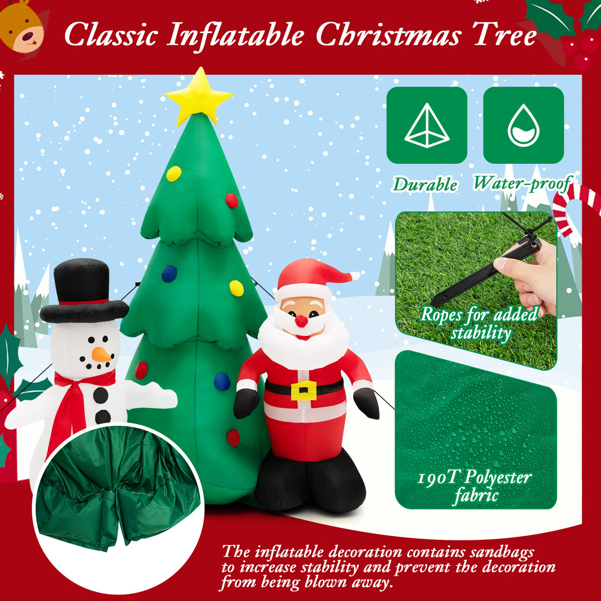 6FT Inflatable Christmas Tree & Santa Claus w/ LEDs & Air Blower Yard Decoration K8825