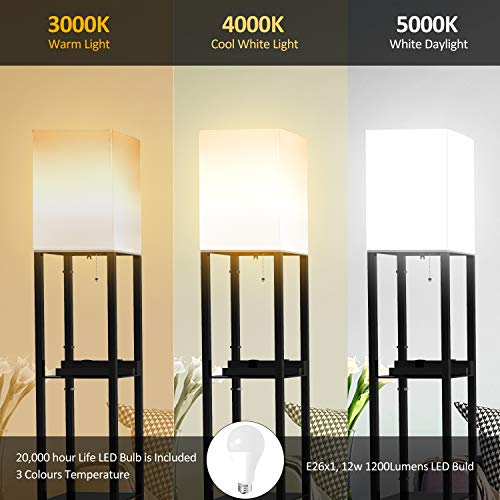 Black Solid Wood Floor Lamp with Shelves and Linen Lampshade U992587
