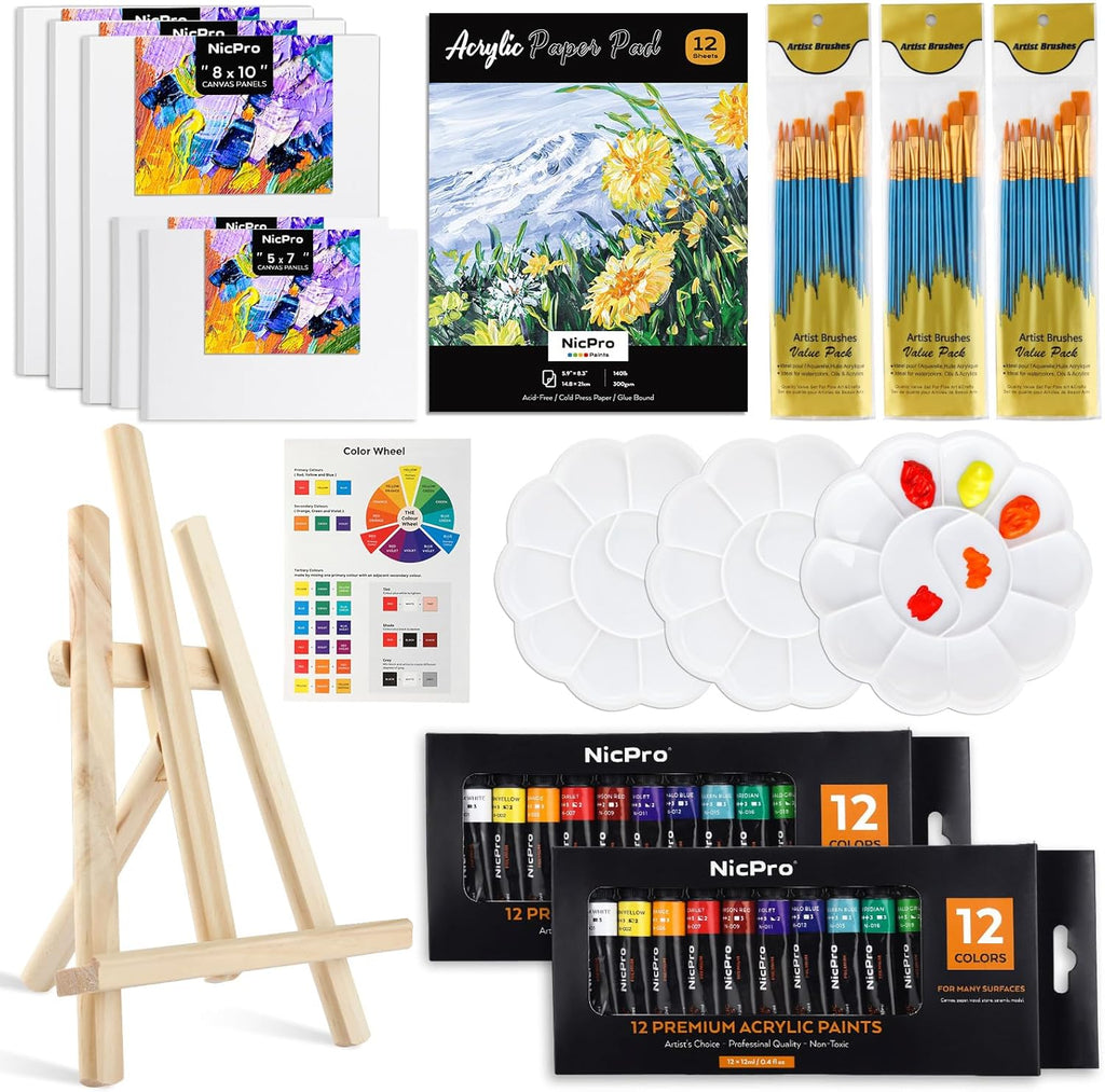 65PCS Acrylic Paint Canvas Set with 12 Colors, 30 Paint Brushes, 5 Canvas, Wood Easel, 3 Palette, A5 Paper Pad W11720