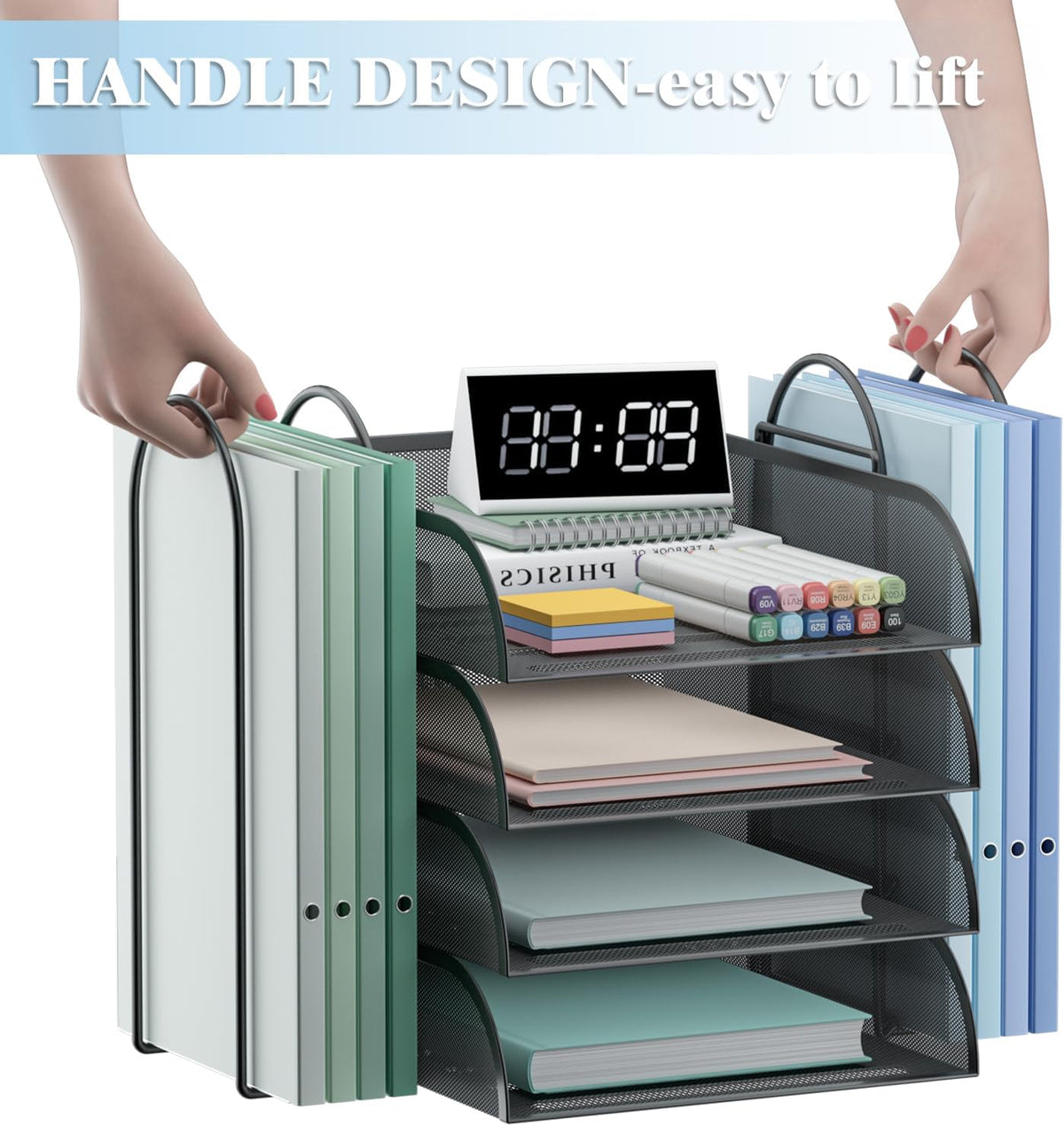 Black 4 Tier Stackable Mesh Desk Organizer with File Holder P176