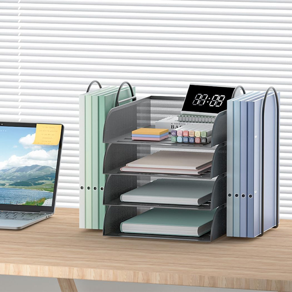 Black 4 Tier Stackable Mesh Desk Organizer with File Holder P176