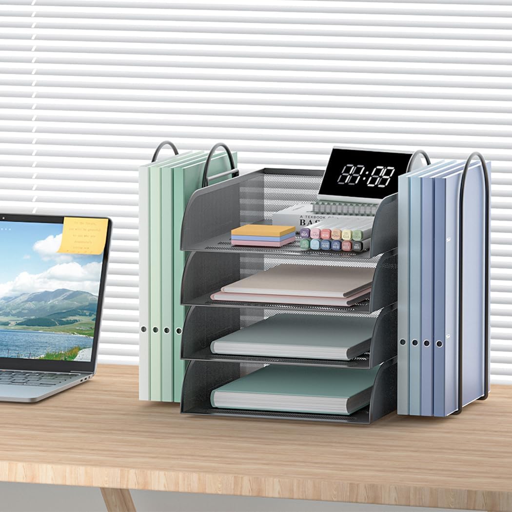 Black 4 Tier Stackable Mesh Desk Organizer with File Holder P176