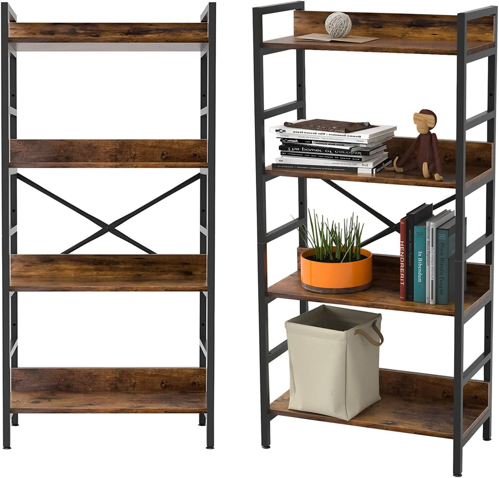 Industrial Bookshelf 4 Tier Tall Bookcase with Adjustable Shelf Metal Frame Steel Wood Rustic Brown Q90591