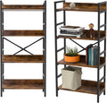 Industrial Bookshelf 4 Tier Tall Bookcase with Adjustable Shelf Metal Frame Steel Wood Rustic Brown Q90591