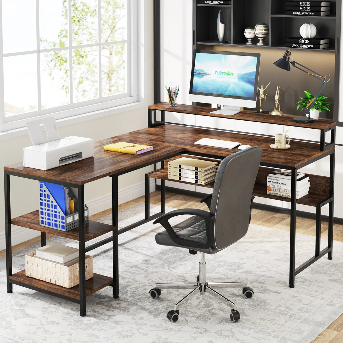 59" L Shaped Desk with Monitor Stand and Storage Shelf N6372