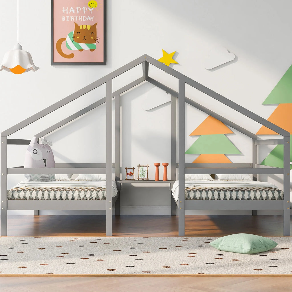 Twin Size Triangular House Beds with Built-in Table Grey T55586