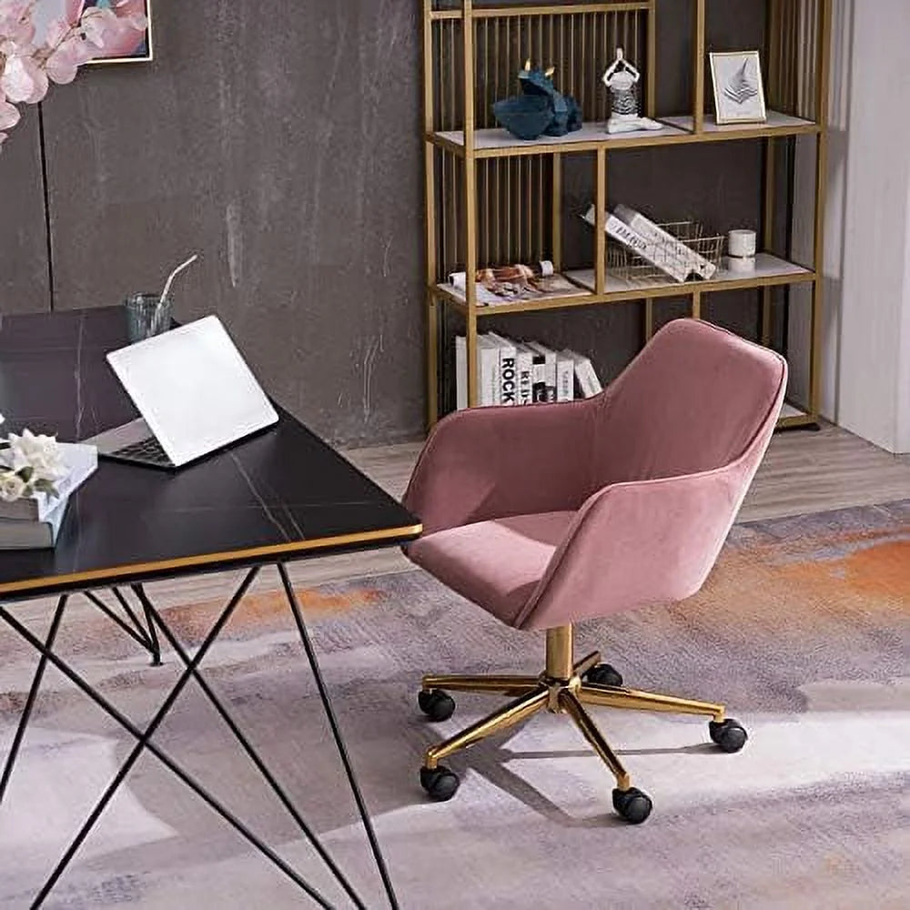 Velvet Yellow Adjustable Height Revolving Office Chair with Gold Metal Legs G714049