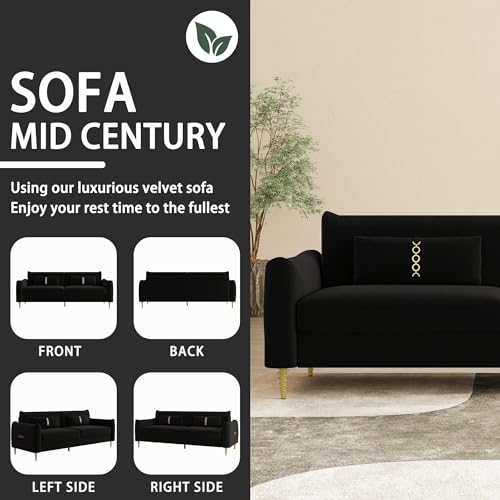 85 in 3-Seat Velvet Couch with Solid Wood Frame, 2 Pillows, Gold Legs F8456