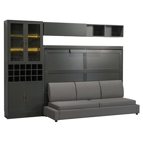 Queen Murphy Bed with Couch and Storage Shelves, Charging Station, LED Light, Wood Foldable Wall Bed Cabinet with Sofa and Storage Cabinet, Bookcase, Wine Rack (White) C139