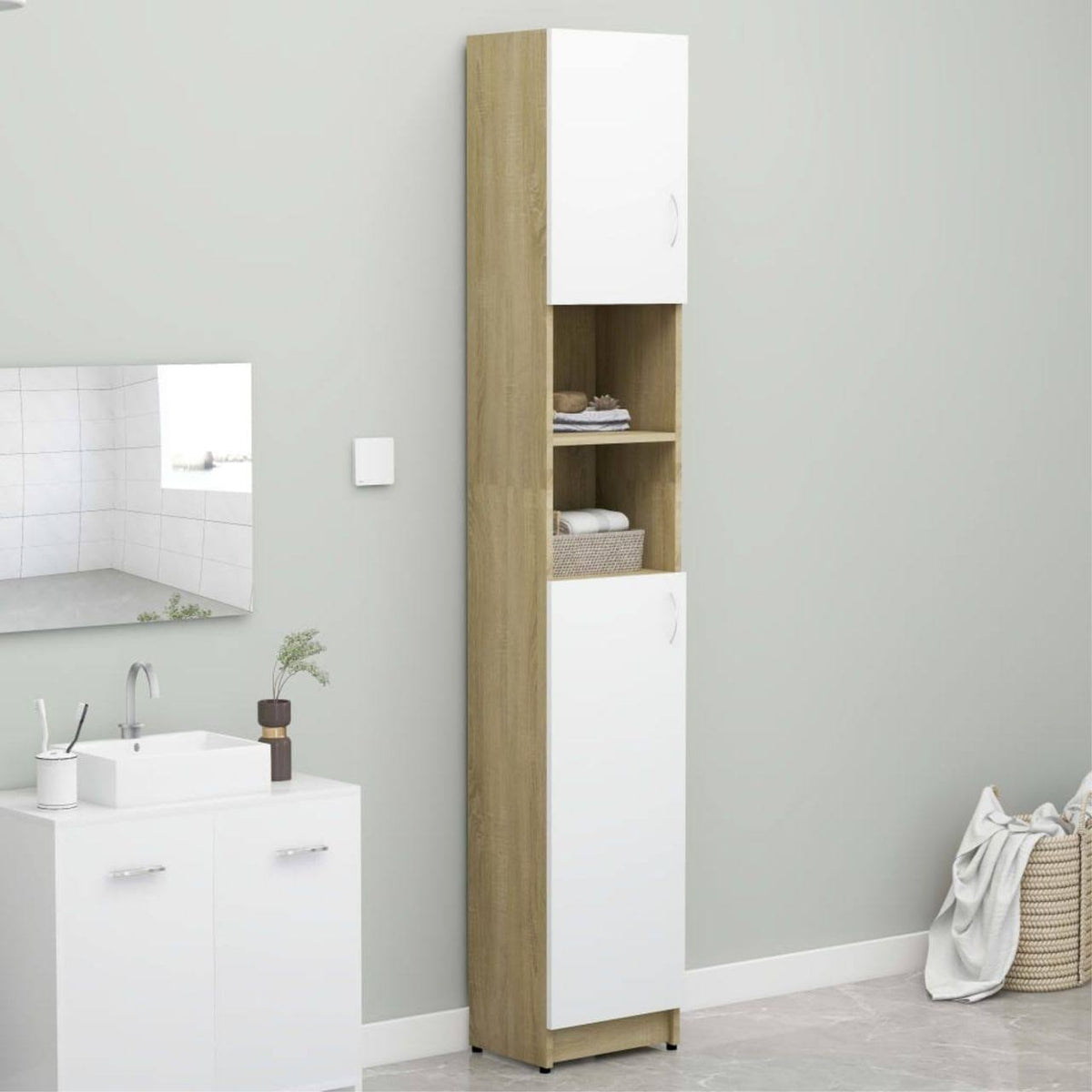 White and Sonoma Oak Bathroom Cabinet Chipboard M70944