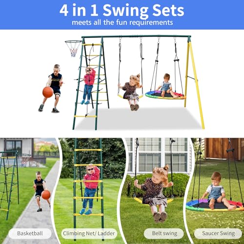 6 in 1 Heavy-Duty Swing Set with 2 Swings, Glider, Climbing Ladder and Rope Y597