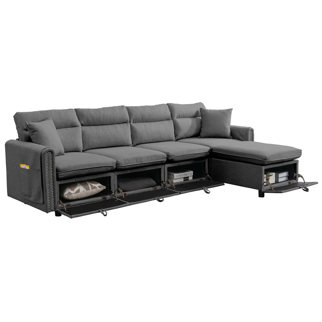 Dark Grey L-Shaped Sectional Sofa with Storage Seat T381