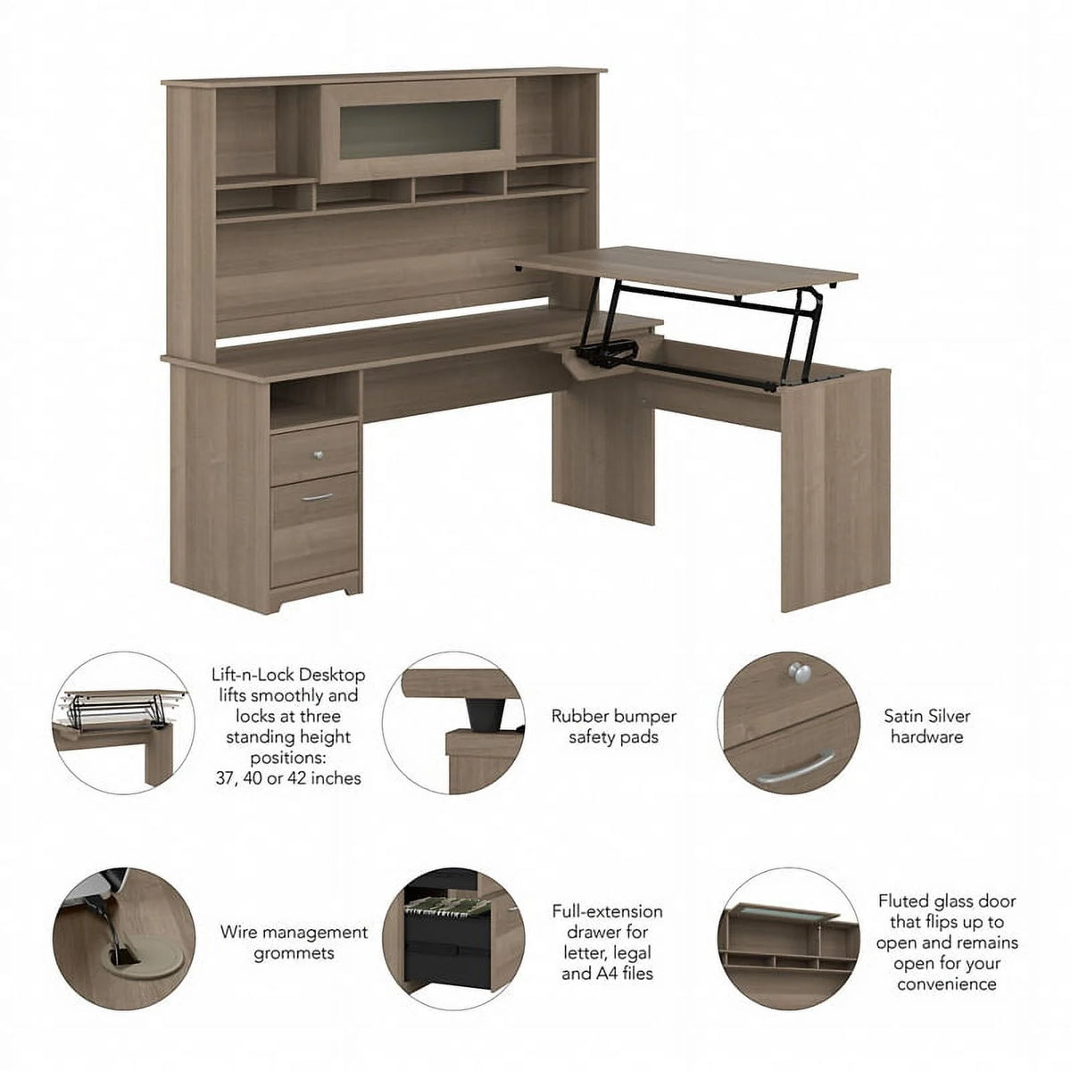72W Sit to Stand L Desk with Hutch in Ash Gray Engineered Wood W94103