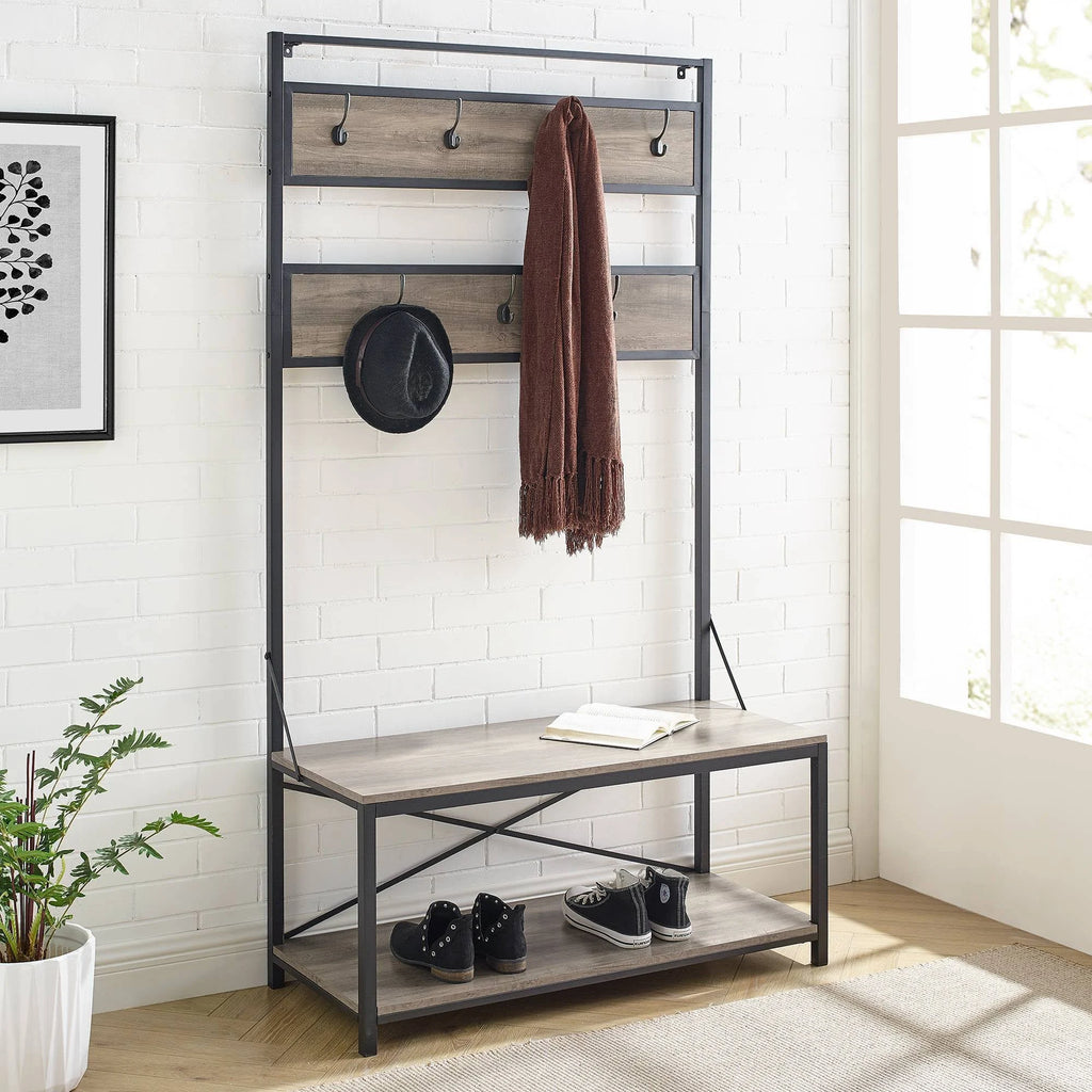 Industrial Metal and Wood Hall Tree Gray Wash W3427