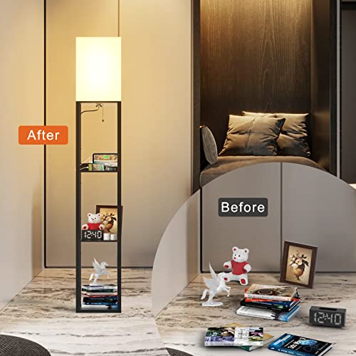 Black Solid Wood Floor Lamp with Shelves and Linen Lampshade U992587