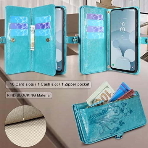 Floral Dark Purple Leather Flip Cover Phone Case with Card Holder Zipper Wrist Strap Z4155