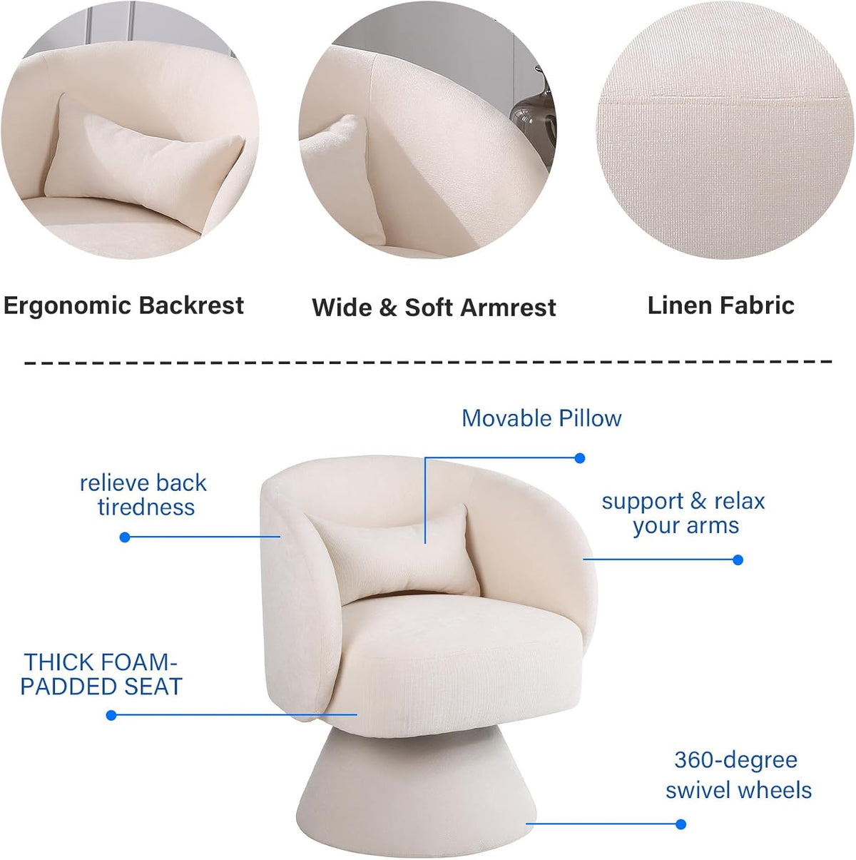Beige Linen Fabric Swivel Barrel Accent Chair V6405