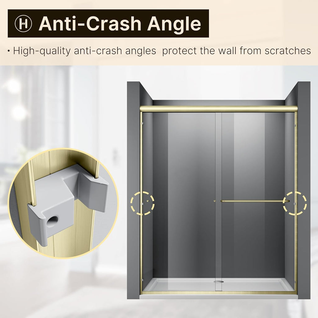60 in. W x 72 in. H Double Sliding Semi-Frameless Shower Door, 1/4" Clear Tempered Glass, Brushed Gold Finish G62063