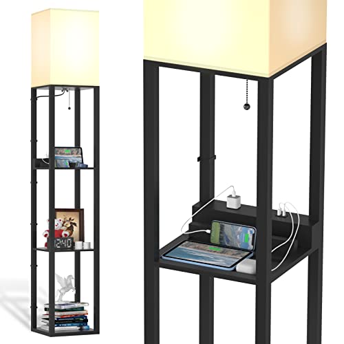 Black Solid Wood Floor Lamp with Shelves and Linen Lampshade U992587