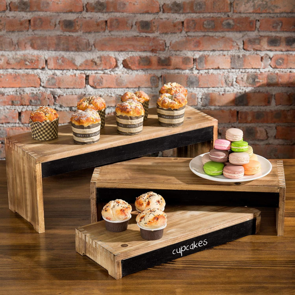 3-Tier Burnt Dark Brown Wood Cake Display Stands with Chalkboard Panels Z73234