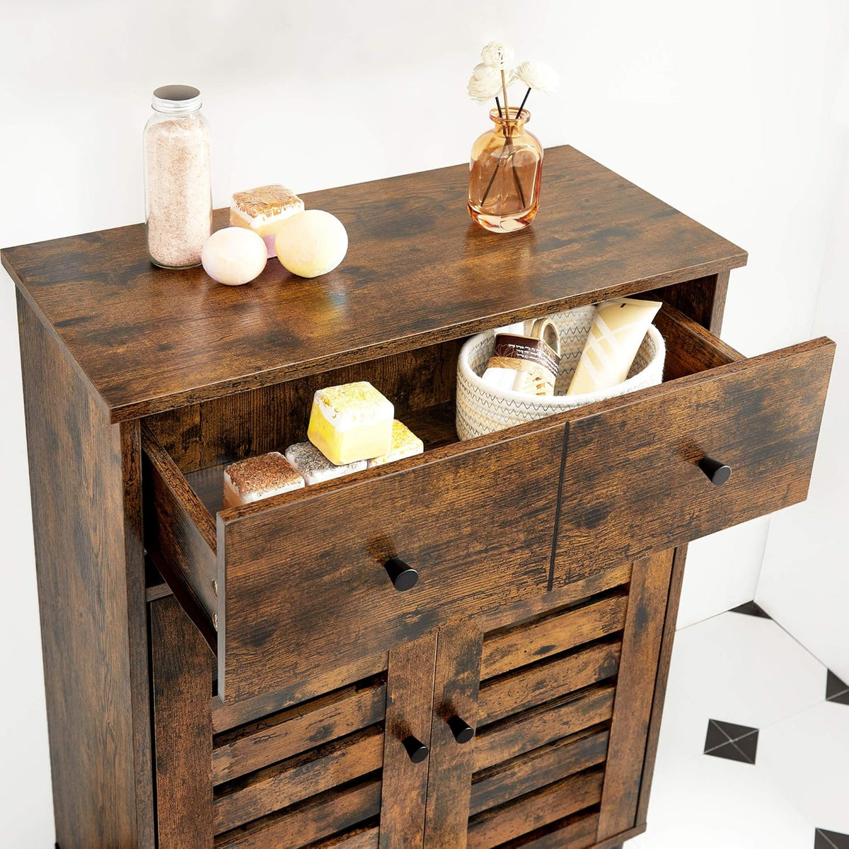 Bathroom Storage Floor Cabinet with 2 Louvered Doors Drawer M726201