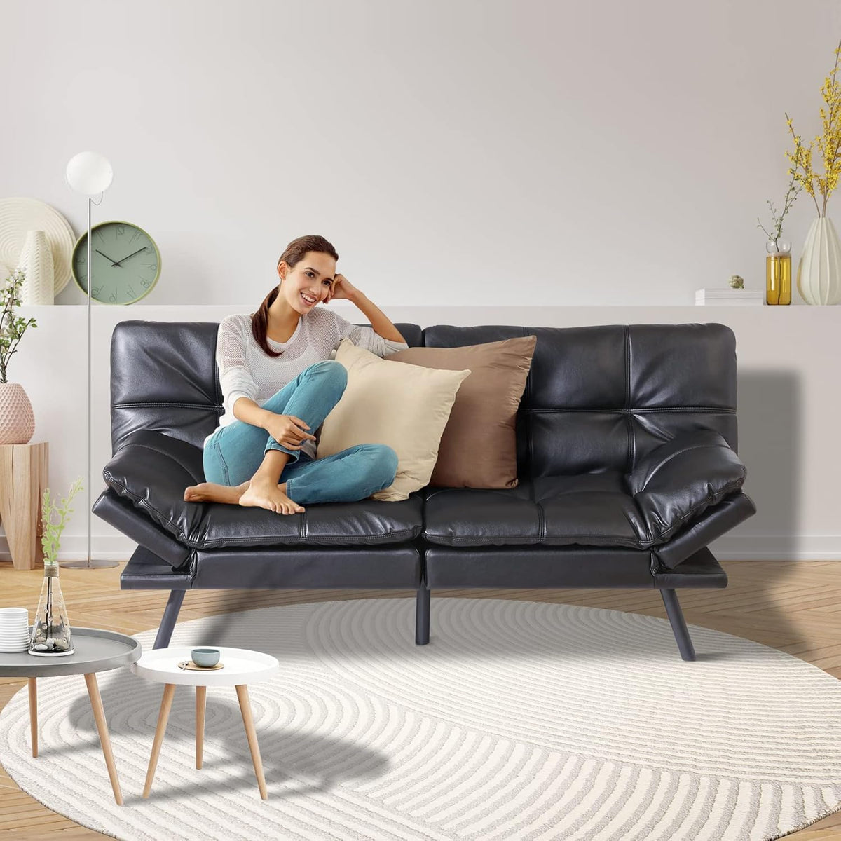 Black Faux Leather Memory Foam Convertible Futon Sofa Bed M819