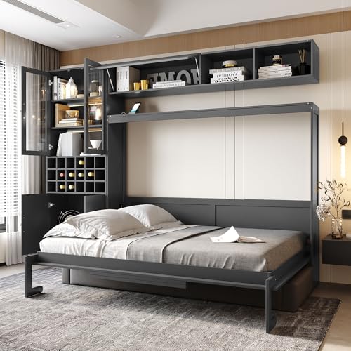 Queen Murphy Bed with Couch and Storage Shelves, Charging Station, LED Light, Wood Foldable Wall Bed Cabinet with Sofa and Storage Cabinet, Bookcase, Wine Rack (White) C139