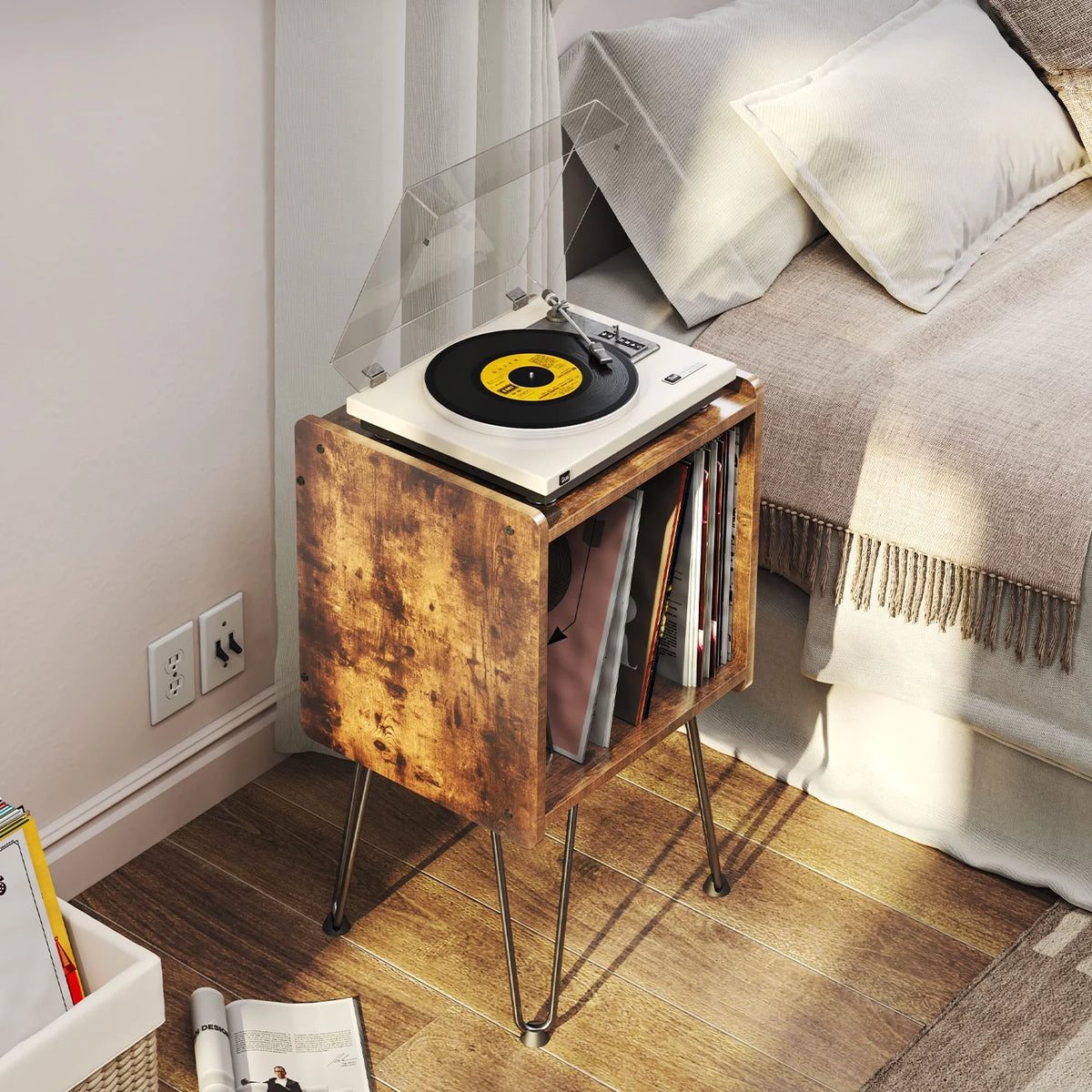 Record Player Stand with Metal Hairpin Legs and 4 Dividers H8728