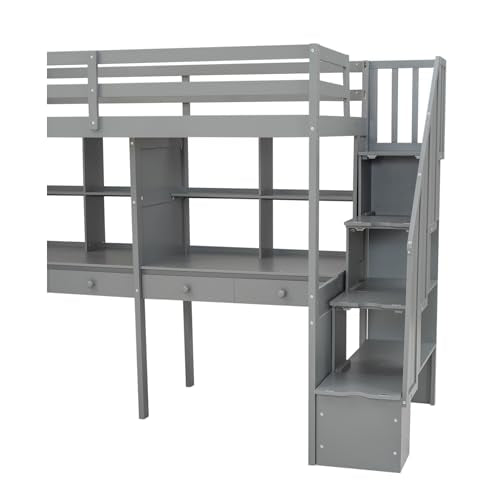 Gray Full Size Wood Loft Bed with Desk, Wardrobe and Three Storage Drawers W1922