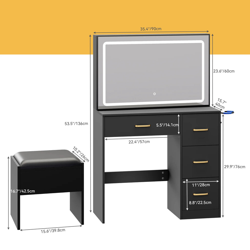Charcoal Black Makeup Vanity Table with Mirror and LED Lights N536994