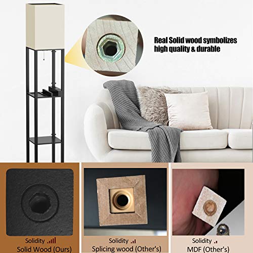 Black Solid Wood Floor Lamp with Shelves and Linen Lampshade U992587