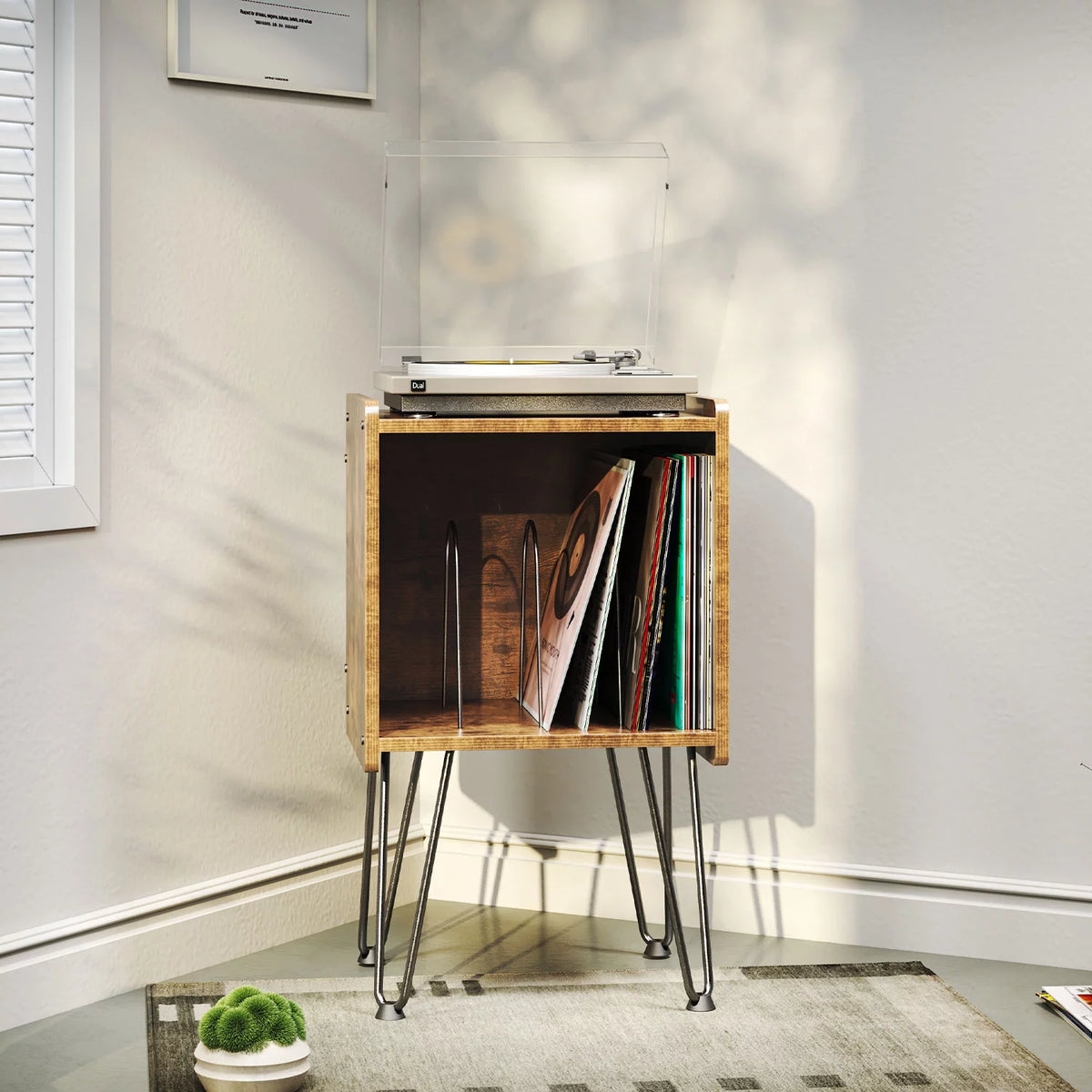 Record Player Stand with Metal Hairpin Legs and 4 Dividers H8728
