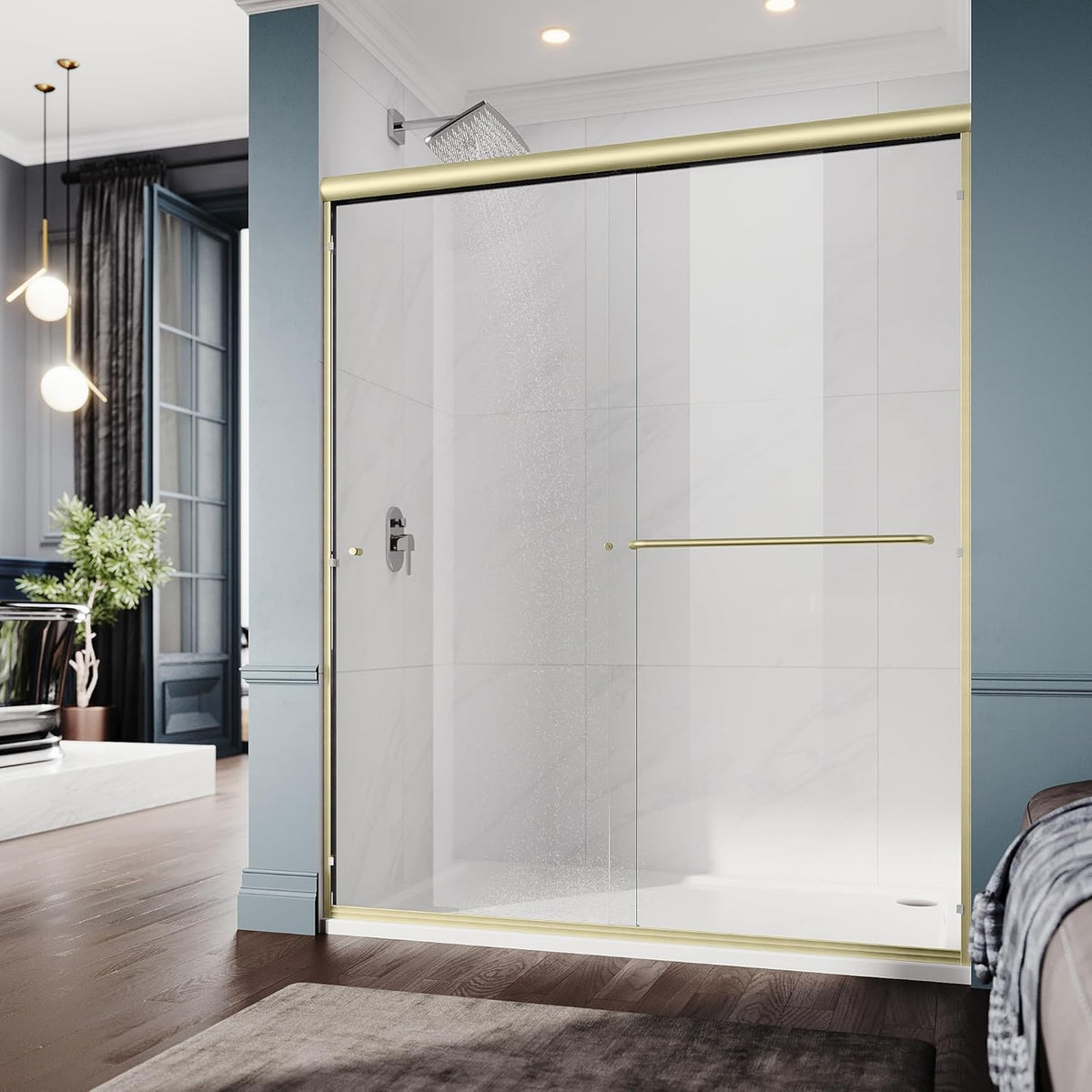 60 in. W x 72 in. H Double Sliding Semi-Frameless Shower Door, 1/4" Clear Tempered Glass, Brushed Gold Finish G62063