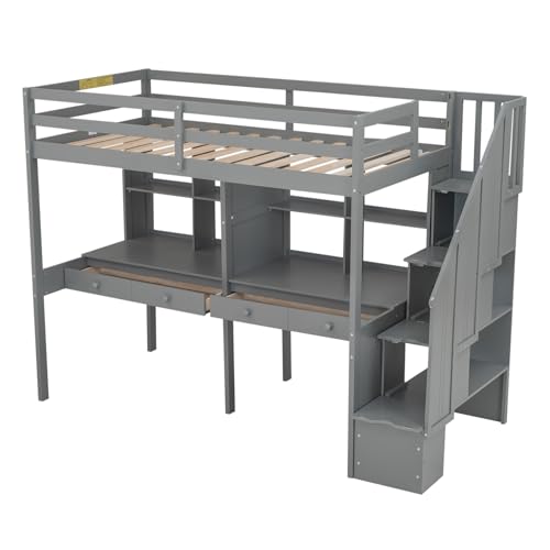 Gray Full Size Wood Loft Bed with Desk, Wardrobe and Three Storage Drawers W1922