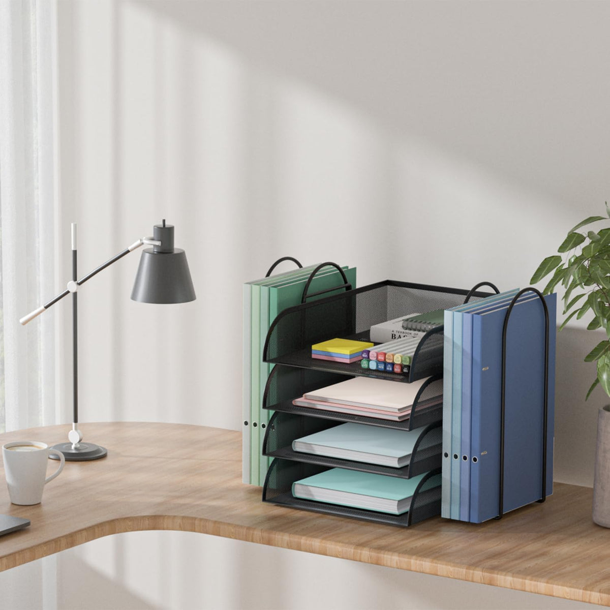 Black 4 Tier Stackable Mesh Desk Organizer with File Holder P176