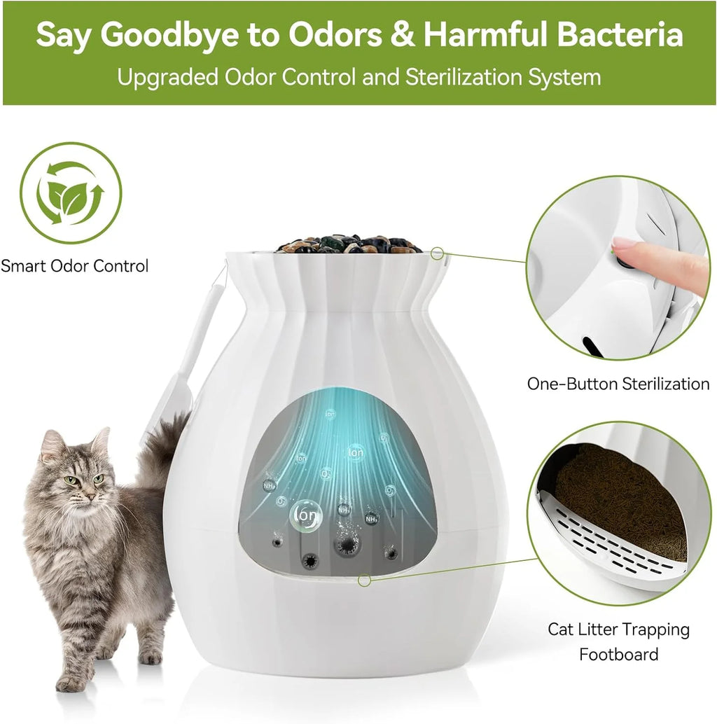 White Enclosed Large Cat Litter Box with Leak Proof Liner E7217