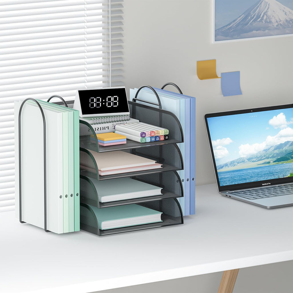 Black 4 Tier Stackable Mesh Desk Organizer with File Holder P176