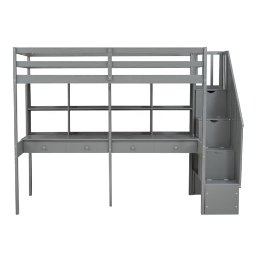Gray Full Size Wood Loft Bed with Desk, Wardrobe and Three Storage Drawers W1922