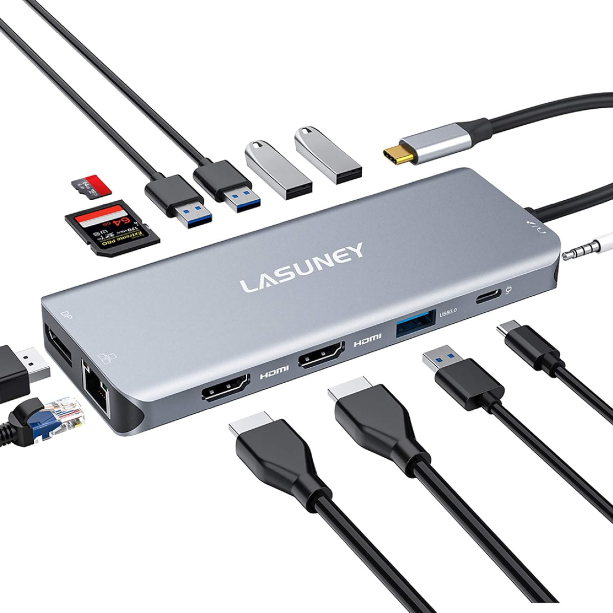 13 in 1 USB C Hub with 2 HDMI & DP, Ethernet, SD TF Card Reader, 5 USB Port J38391