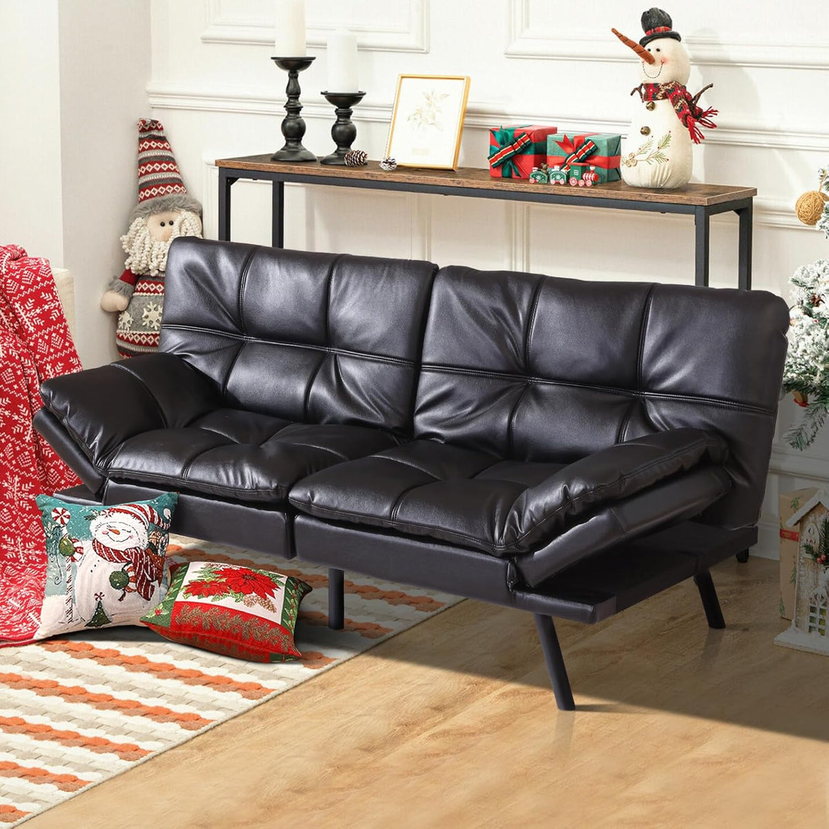 Black Faux Leather Memory Foam Convertible Futon Sofa Bed M819