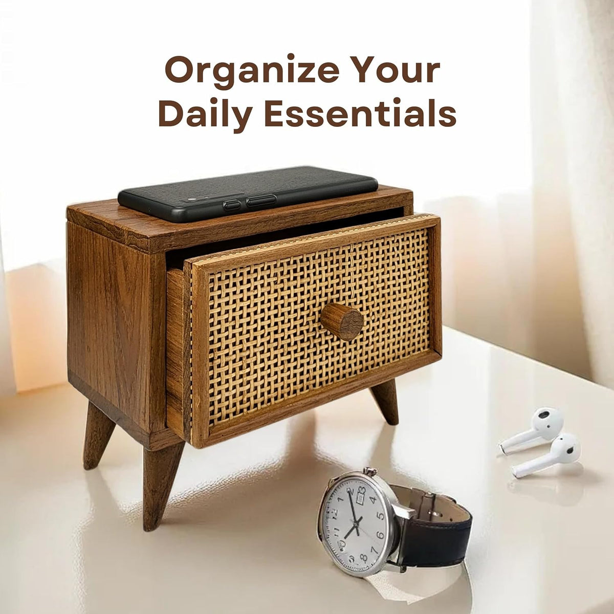 Teak Rattan Wood Desk Drawer M652753