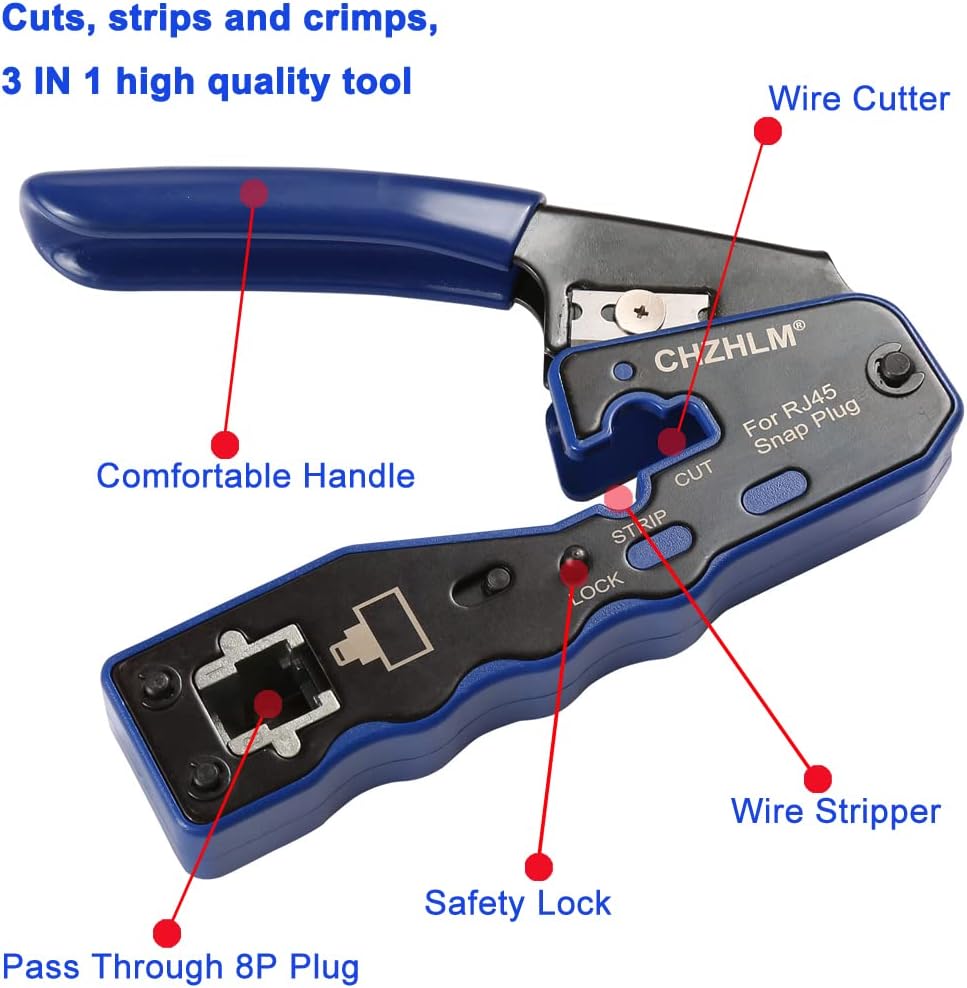 Rj45 Crimp Tool Kit Pass Through Crimping Tool Crimper Cutter for Cat6 Cat5 Cat5e O893039