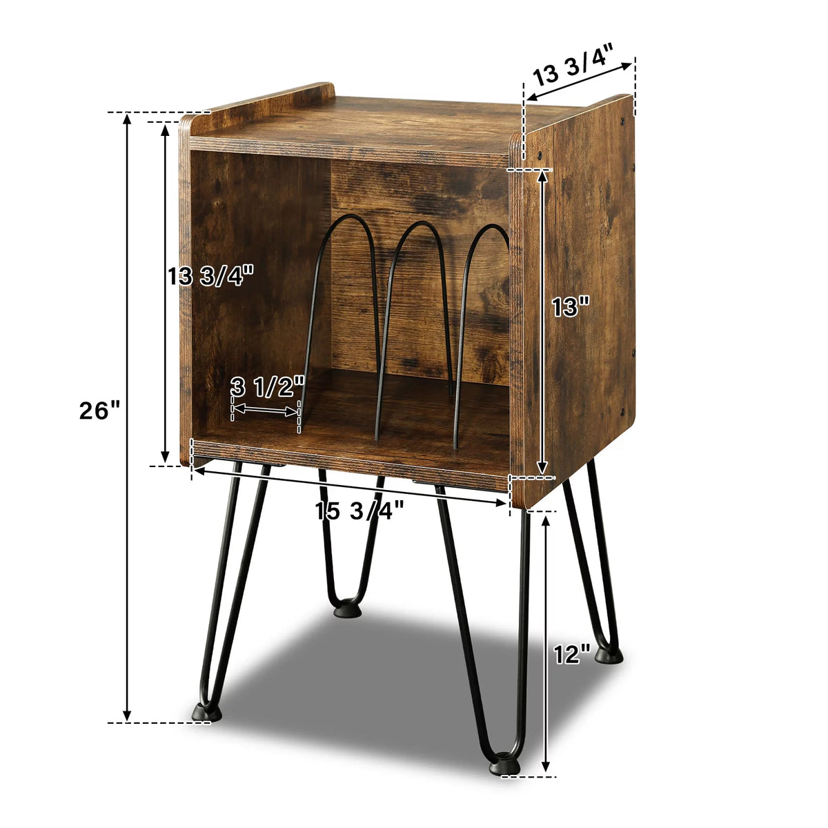 Record Player Stand with Metal Hairpin Legs and 4 Dividers H8728