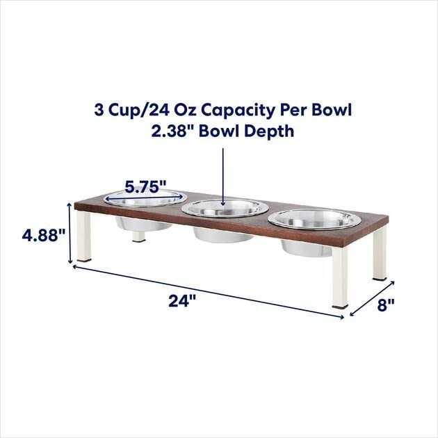 Dark Wooden Triple Elevated Stainless Steel Dog & Cat Bowl O4950