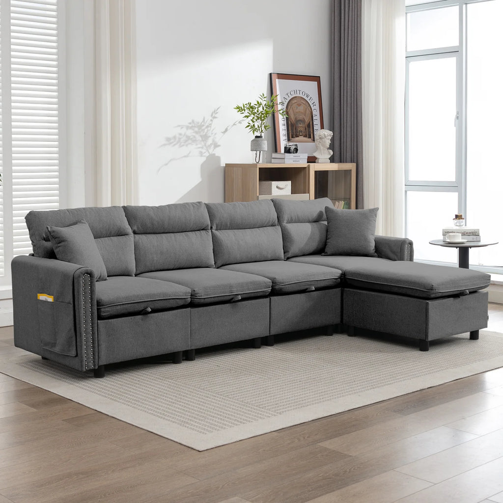Dark Grey L-Shaped Sectional Sofa with Storage Seat T381